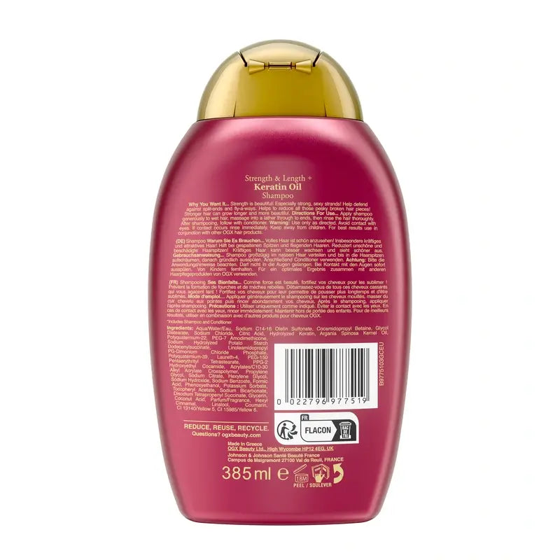 OGX-shampoo, keratiiniöljy, hauraalle hiukselle, kosteuttava ja vahvistava, 385 ml