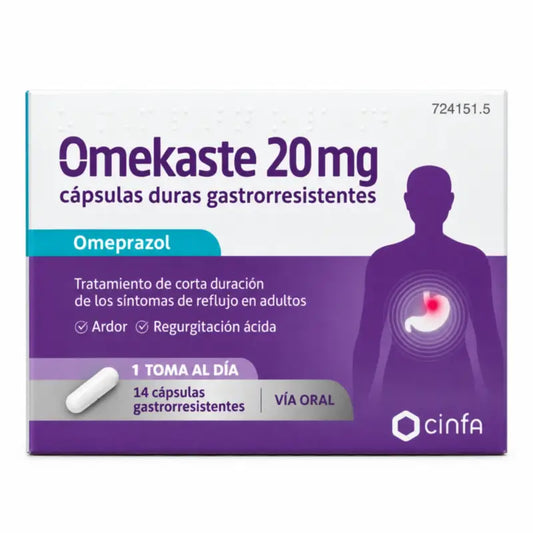 Omekaste 20 mg, läpipainopakkaus, 14 mahahappokestävää kapselia