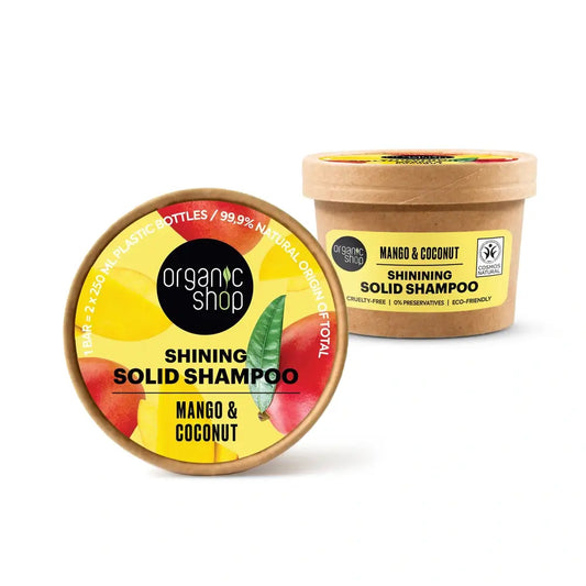 Organic Shopin kiiltoa antava kiinteä shampoo, mango ja kookos, 60 g

 