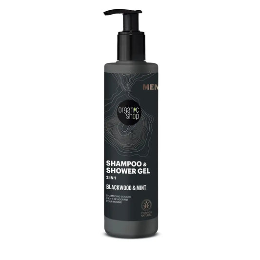 Organic Shopin virkistävä 2-in-1-shampoo ja suihkugeeli, tammenkuori ja minttu, 280 ml 