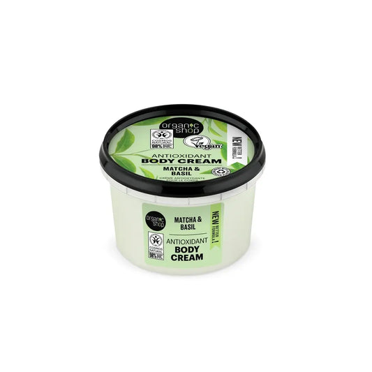 Organic Shopin antioksidanttinen vartalovoide, matcha ja basilika, 250 ml 
