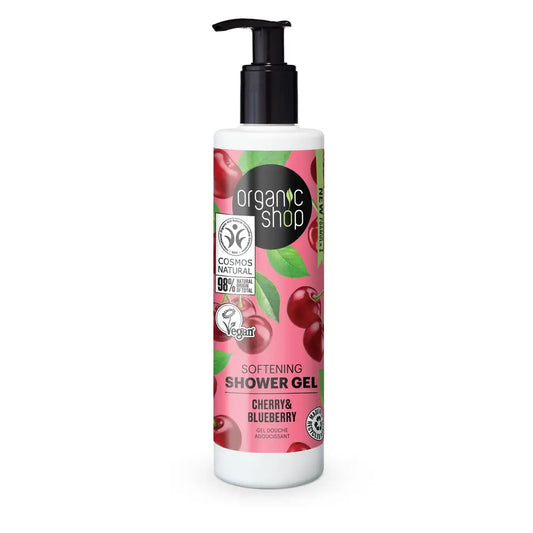 Organic Shopin pehmentävä suihkugeeli, kirsikka ja mustikka, 280 ml 