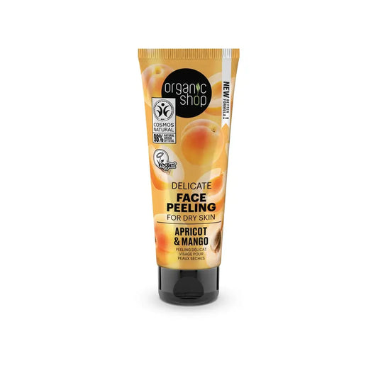 Organic Shopin hellävarainen kasvojen kuorinta-aine kuivalle iholle, aprikoosi ja mango, 75 ml 