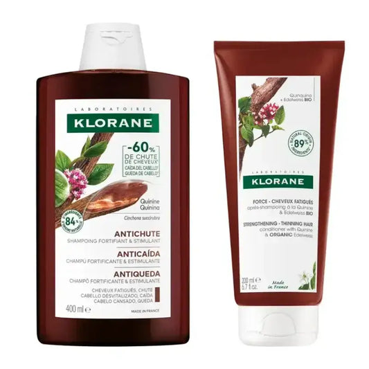 Klorane-pakkaus: Kiniini- ja edelweiss-shampoo (luomu), 400 ml + Kiniini- ja edelweiss-hoitoaine (luomu), 200 ml
