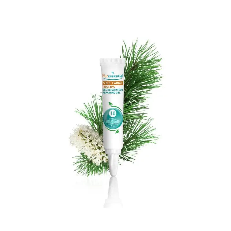 Puressentiel S.O.S. huulien korjaava geeli, jossa on 10 eteeristä öljyä, 5 ml