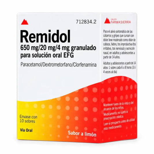 Remidol 650 mg/20 mg/4 mg suun kautta otettavaa liuosta varten tarkoitettu rakeistus (EFG), 10 pussia