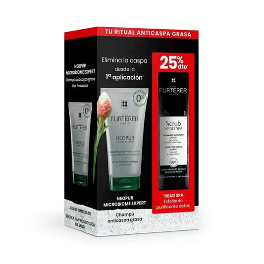 Rene Furterer Neopur rasvaiselle hiukselle tarkoitettu hilseenshampoo 150 ml + Head Spa puhdistava ja detoksivoiva kuorinta-aine 150 ml