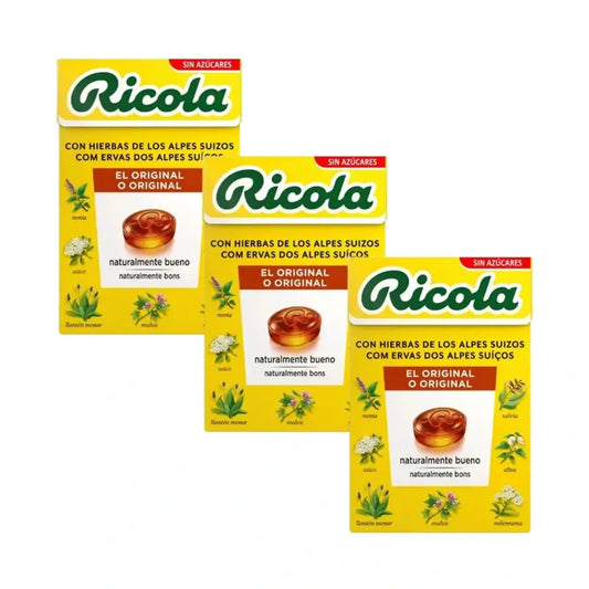 RICOLA Sokerittomat yrttikarkit stevian kanssa, 3 x 50 g:n pakkaus