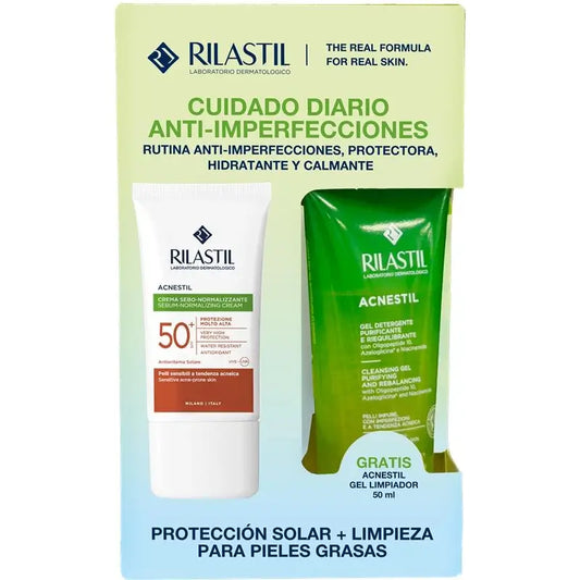 Rilastil Acnestil -pakkaus SPF50+ 50 ml + Acnestil-geeli 50 ml