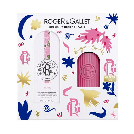 Roger & Gallet Rose -lahjapakkaus: hyvinvointia edistävä tuoksuvesi 100 ml + tuoksukynttilä, 2 kpl