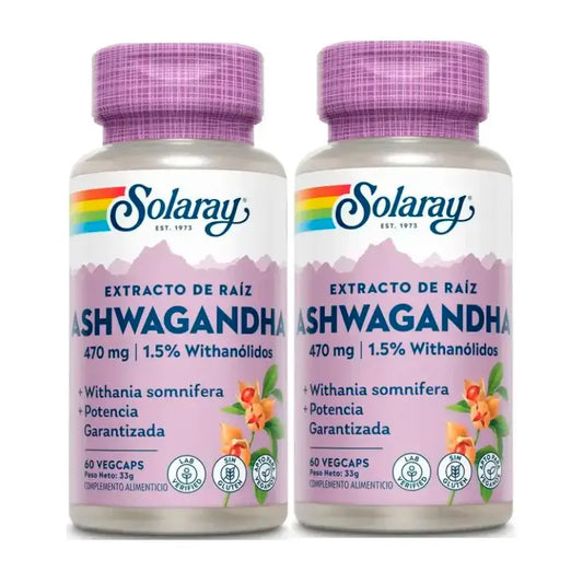 Solaray Ashwagandha 470 mg, kasviperäinen, 2 x 60 kapselia