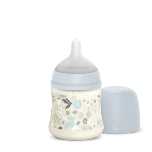 Suavinex-tutipullo 150 ml, hidas virtaus (S), +0 kuukautta, Wonderland -kukkakuvio, sininen