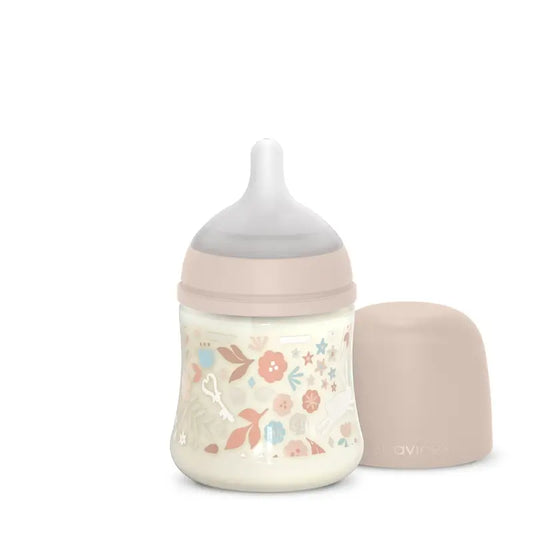 Suavinex-tuttipullo 150 ml, hidas virtaus (S), +0 kuukautta, Wonderland vaaleanpunaiset kukat
