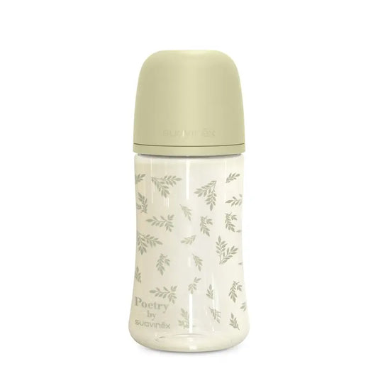Suavinex-tutipullo 270 ml, keskipituinen suutin (M), yli 3 kuukautta, Poetry-vihreä