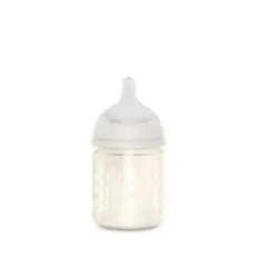 Suavinex 120 ml:n lasipullo. Fysiologinen Sx Pro -silikonitutti. Hidasvirtauspullo. +0 kuukautta. Bonhomia, beige