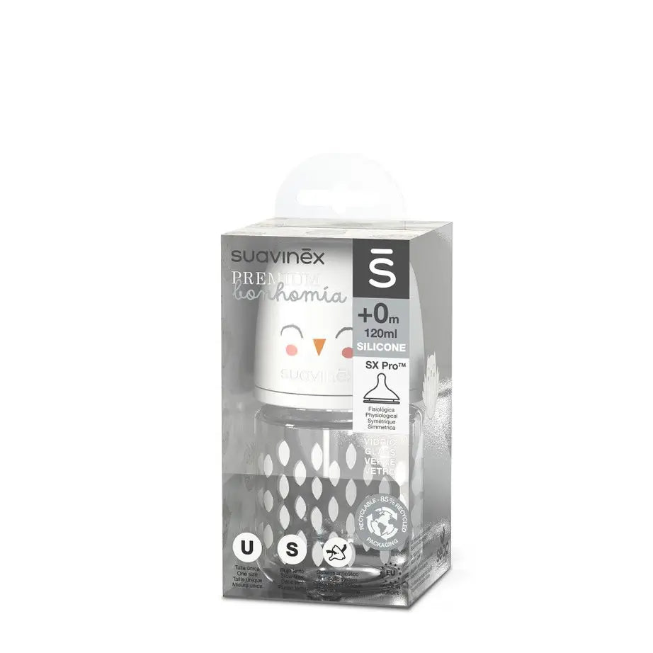 Suavinex 120 ml:n lasipullo. Fysiologinen Sx Pro -silikonitutti. Hidasvirtauspullo. +0 kuukautta. Bonhomia, beige
