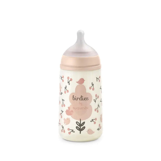 Suavinex-tutipullo, Sx Pro -tutti, keskivahva virtaus (M), 3 kuukauden ikäisille, Birdies-kuvio, vaaleanpunainen, 270 ml