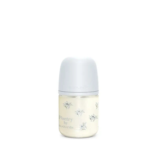 Suavinex-lasipullo 120 ml, hidas virtaus (S), +0 kuukautta, Poetry-sininen