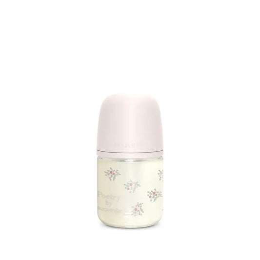 Suavinex-lasipullo 120 ml, hidas virtaus (S), +0 kuukautta, Poetry-vaaleanpunainen