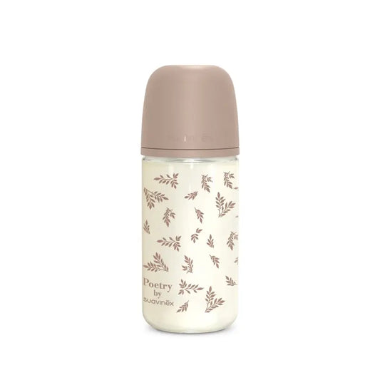 Suavinex-lasipullo 240 ml, keskipituinen suutin (M), yli 3 kuukauden ikäisille, Poetry Beige