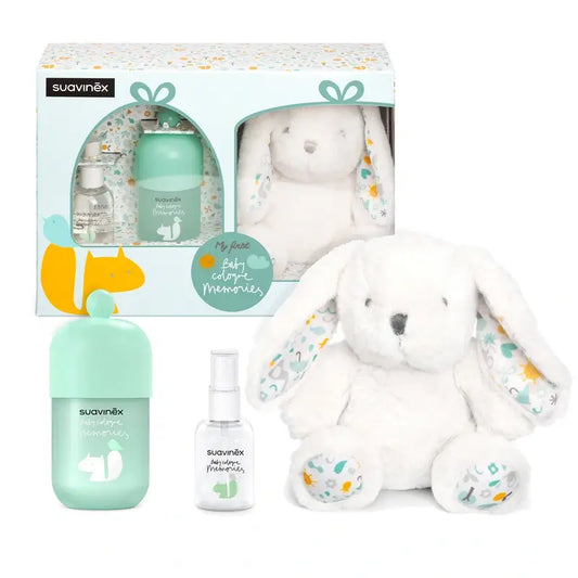 Suavinex-vauvapaketti, jossa on Baby Cologne Memories -tuoksua 100 ml + matkakoko 50 + pehmolelu vauvalle