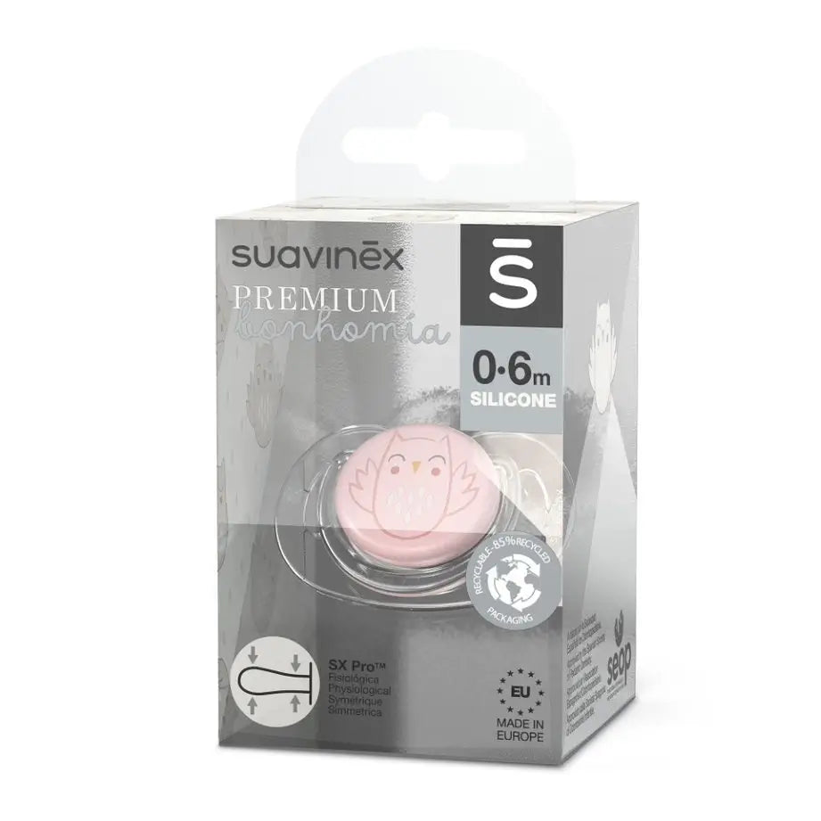 Suavinex Premium-tutti 0–6 kuukauden ikäisille vauvoille. Tutti, jossa on Sx Pro -mallin fysiologinen silikoninippa. Bonhomia, vaaleanpunainen