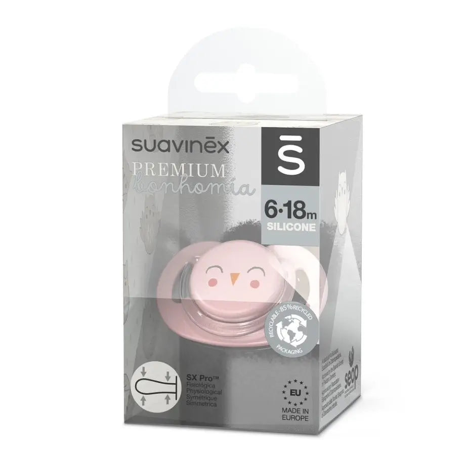 Suavinex Premium-tutti 6–18 kuukauden ikäisille vauvoille. Tutti, jossa on fysiologinen Sx Pro -silikonitutti. Bonhomia, vaaleanpunainen