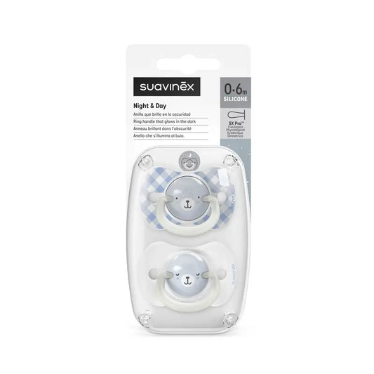 Suavinex Night & Day -yötuttipakkaus, Sx Pro -tutti, 0–6 kuukautta, sininen, 2 kpl