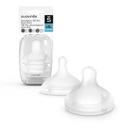 Suavinex-pakkaus, jossa on 2 kpl Sx Pro -fysiologista silikonituttia. Hidas virtaus (S)