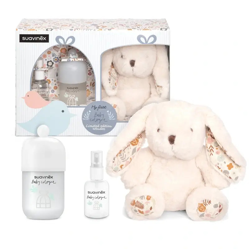 Suavinex-vauvapaketti, jossa on vauvan hajuvettä 100 ml + matkapakkaus 50 ml + pehmolelu vauvalle