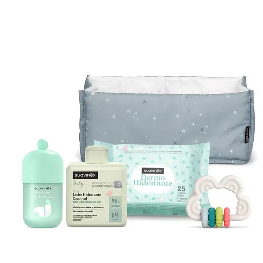 Suavinex Vauvojen lahjasetti: maito 300 ml + Baby Cologne Memories -tuoksuvesi 100 ml + kosteuspyyhkeet + purulelu, sininen