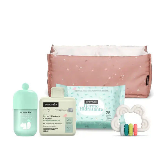 Suavinex Vauvan lahjasetti: maito 300 ml + Baby Cologne Memories -tuoksuvesi 100 ml + kosteuspyyhkeet + purulelu, vaaleanpunainen
