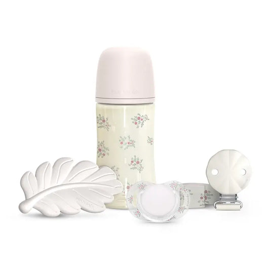Suavinex-lahjasetti: tutti + tutinpidin + 270 ml:n tuttipullo (M) + purulelu, vaaleanpunainen