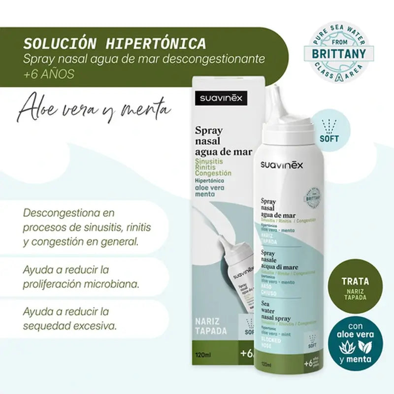 Suavinex merivettä sisältävä nenän tukkoisuutta lievittävä suihke +6A, 120 ml