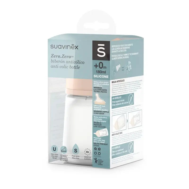 Suavinex Zero Zero -kolikkopullo 180 ml, hidas virtaus (S), +0 kuukautta, Fair