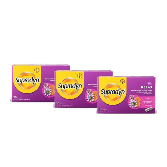 Supradyn Relax, rauhaa ja rentoutta passiflora- ja valeriaanakivellä, pakkaus 3 x 30 kapselia