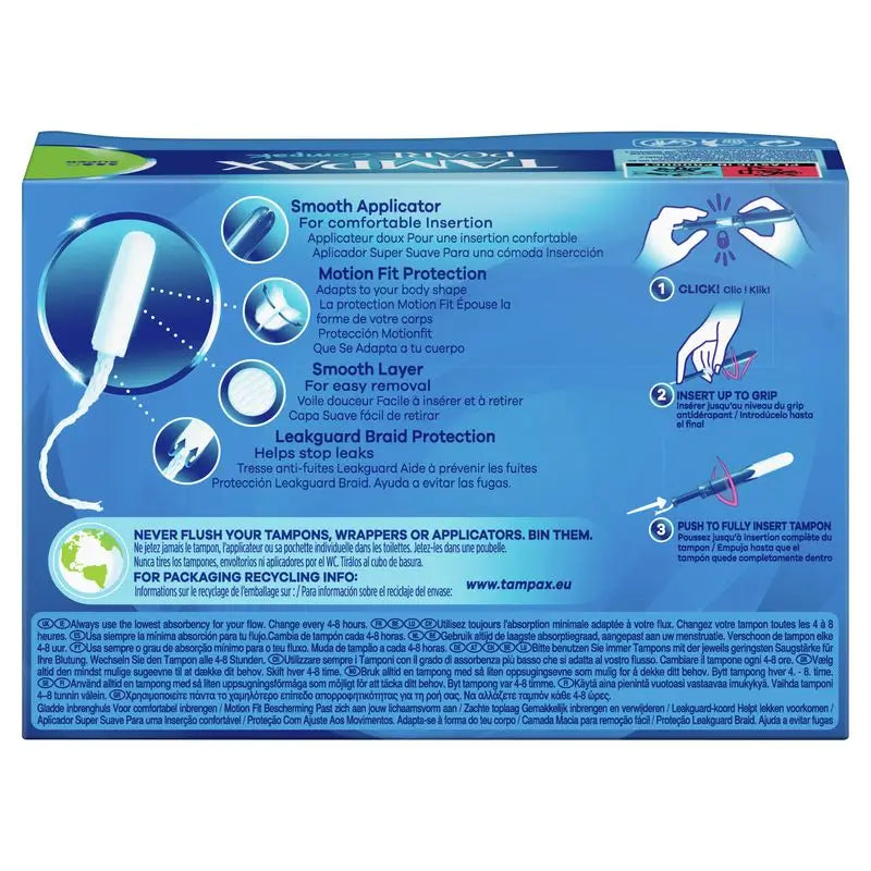Tampax Compak Pearl Super -tamponit, joissa on asetin, 36 kpl