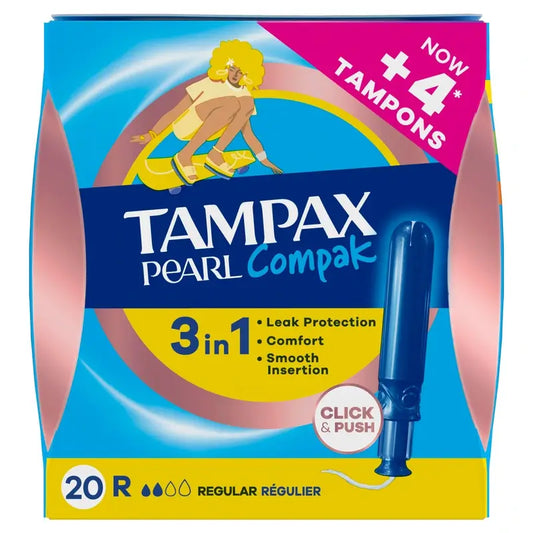 Tampax Pearl Compak Regular -tamponit, joissa on asettim, 20 kpl