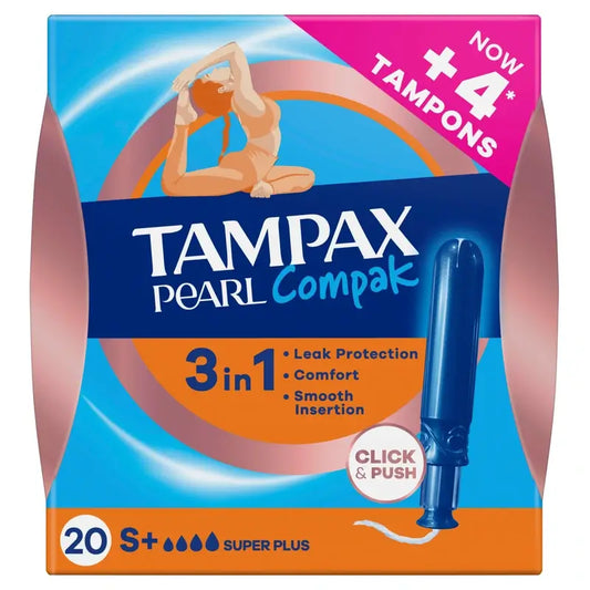 Tampax Pearl Compak Super Plus -tamponit, joissa on asettimella, 20 kpl