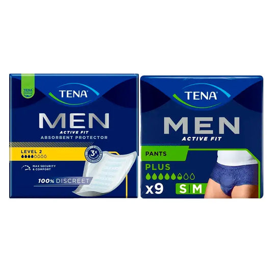 TENA Men Level 2 -inkontinenssituotteet 1 x 20 kpl + TENA Men Pants Active Medium 1 x 9 kpl