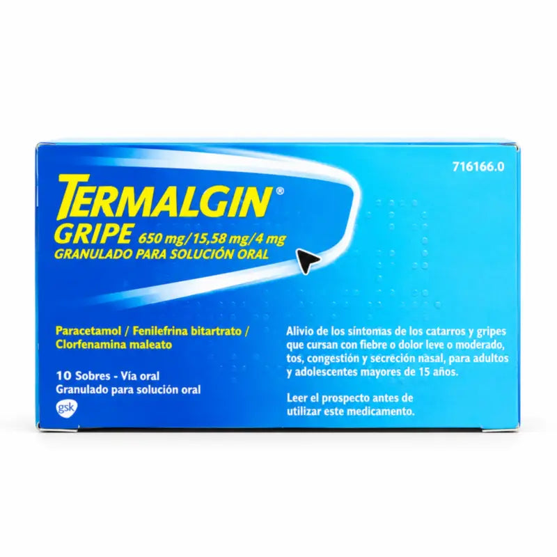 Termalgin Gripe 650 mg suun kautta otettavaa liuosta varten tarkoitetut rakeet, 10 pussia