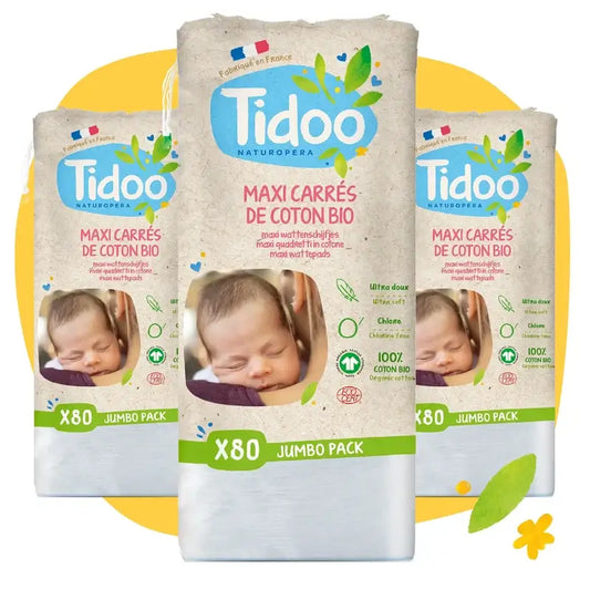 Tidoo Maxi -vauvan puuvillaiset neliönmuotoiset orgaaniset sideharsoharsot, 80 kpl