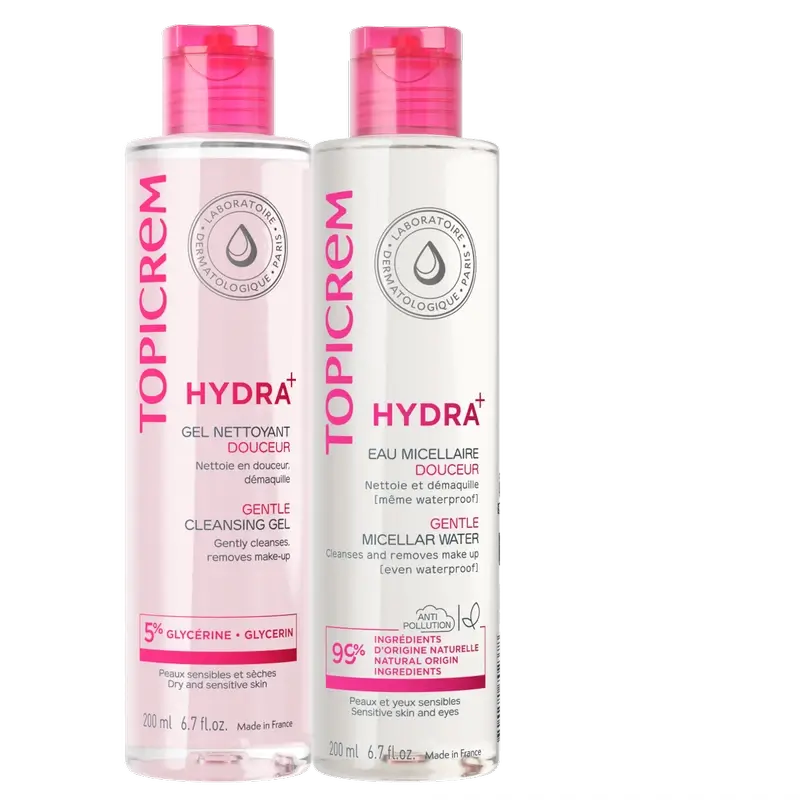 Topicrem Hydra+ Pack -puhdistusgeeli 200 ml + misellivesi 200 ml 40 % 