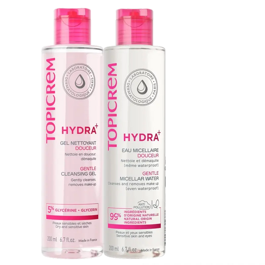 Topicrem Hydra+ Pack -puhdistusgeeli 200 ml + misellivesi 200 ml 40 % 