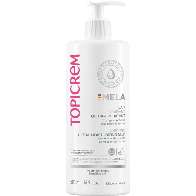 Topicrem Mela Ultra-kosteuttava vartalonhoitovoide, SPF 15, 500 ml
