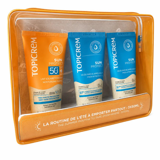 Topicrem -kosmetiikkasetti: Sun Protect Body Milk 50 ml + Aftersun 50 ml + suihkugeeli 50 ml