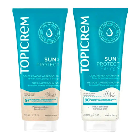 Topicrem Sun Protect -suihkugeeli + Aftersun -pakkaus 200 ml