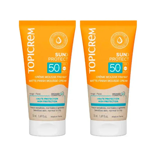 Topicrem Sun Protect Matte Finish -vaahtovoide SPF50, 2 x 50 ml:n pakkaus