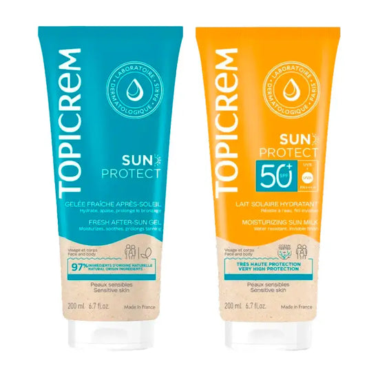 Topicrem Sun Protect SPF50+ Aurinkovoide + kosteuttava after sun -voide, 200 ml:n pakkaus