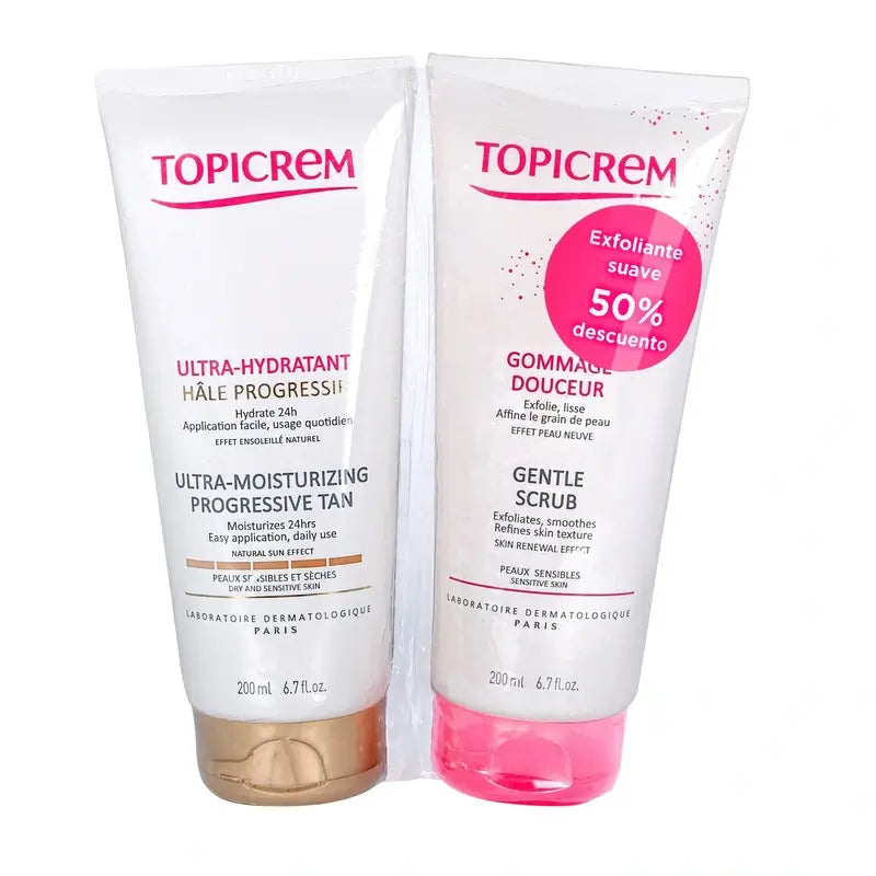 Topicrem Pack Ultra-kosteuttava, asteittain tummentava voide 200 ml + kuorintavoide 200 ml